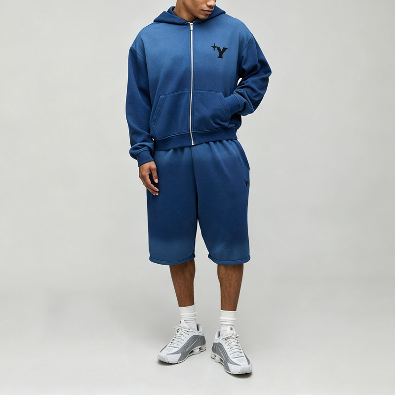 Custom Sun Faded Embroidery Full Zip Hoodie Knee Length Shorts 2 Pieces Washed 100% Cotton French Terry Men's Casual Tracksuit