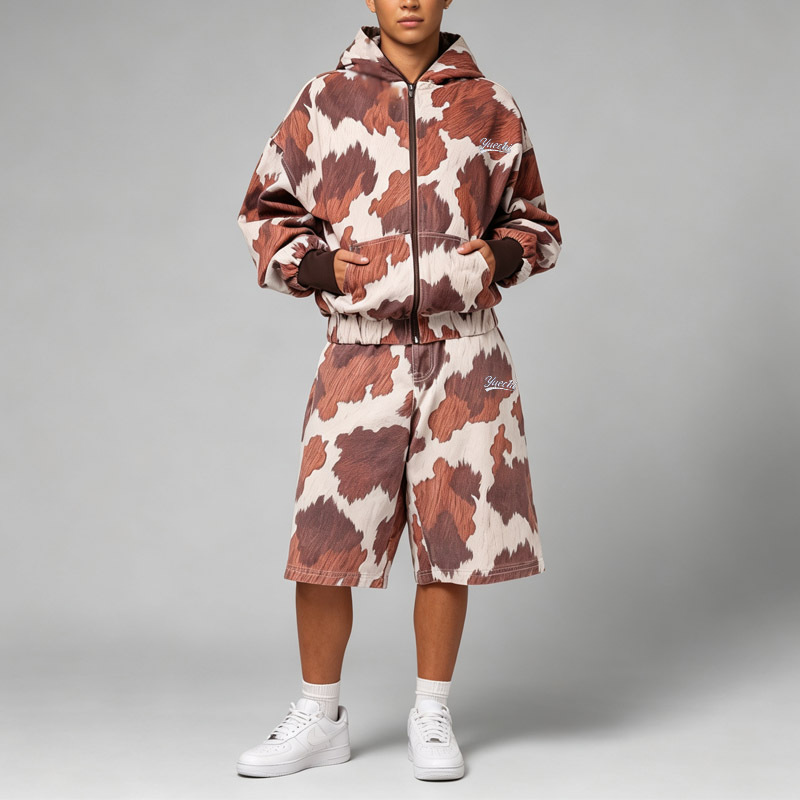 Custom Heavyweight Woven Mens Y2K Streetwear 2 Piece Set Full Print Full Zip Cropped Wide Leg Jort Shorts Embroidery