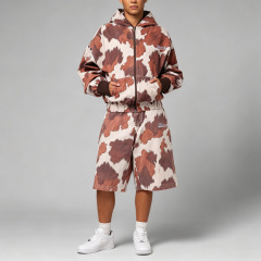 Custom Heavyweight Woven Mens Y2K Streetwear 2 Piece Set Full Print Full Zip Cropped Wide Leg Jort Shorts Embroidery