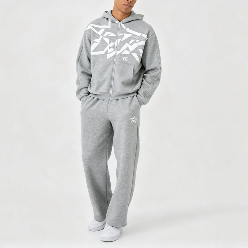 Custom Screen Printing 2 Pieces Full Zip Boxy Fit Wide Leg Heather Grey French Terry Cotton Apparel Men's Heavyweight Tracksuit