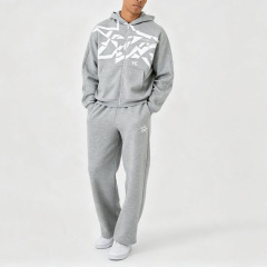 Custom Screen Printing 2 Pieces Full Zip Boxy Fit Wide Leg Heather Grey French Terry Cotton Apparel Men's Heavyweight Tracksuit