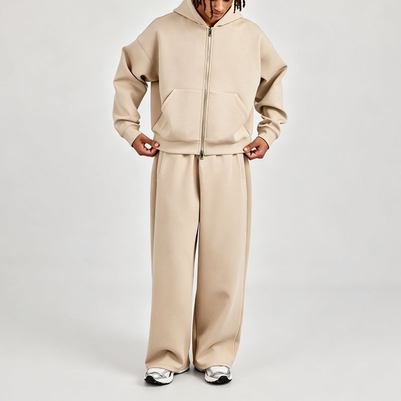 Custom Men Winter Air Layer Fabric Embroidery Boxy Zip-Up Hooded Hoodie Baggy Wide-Leg Pant Side Pockets Oversized Streetwear
