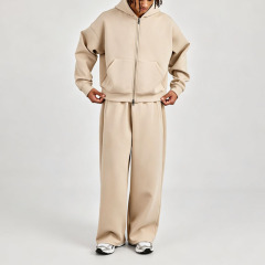 Custom Men Winter Air Layer Fabric Embroidery Boxy Zip-Up Hooded Hoodie Baggy Wide-Leg Pant Side Pockets Oversized Streetwear