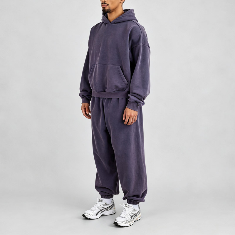 Mens Vintage Washed Heavyweight Tracksuit Set Boxy Oversized Pullover Hoodie Jogger Sweatpants 100% Cotton French Terry Purple