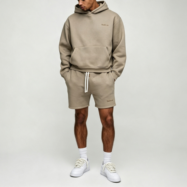 Custom Made Embroidery Fleece 2 Pieces Pullover Hoodie Drawstring Bottoms Khaki Boxy Fit Men's Winter Streetwear Sportswear