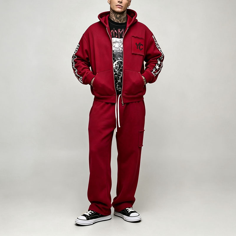 Custom DTG Printing Applique Embroidery 2 Pieces Full Zip up Boxy Fit Wide Leg Maroon Dark Red Men's Streetwear Tracksuit Set