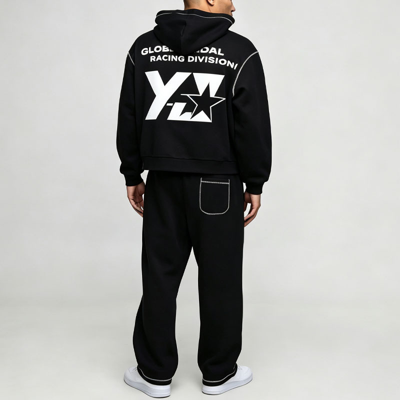 Custom Men's Contrast Stitch Hooded Tracksuit Soft 100% Cotton Fleece Winter Streetwear Two Piece Hoodie Jogger Set