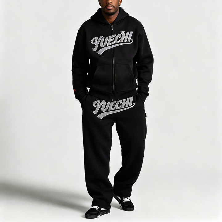 Custom 450 Gsm Fleece 100% Cotton Baggy Tracksuit Oversized Full Zip Hoodie Applique Wide Leg Sweatpants Casual Streetwear