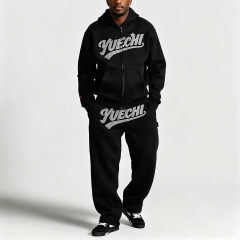 Custom 450 Gsm Fleece 100% Cotton Baggy Tracksuit Oversized Full Zip Hoodie Applique Wide Leg Sweatpants Casual Streetwear