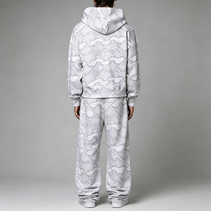 Custom Men Boxy Oversized Full Zip Cropped Hooded Tracksuit DTG Snake Animal Print Fleece Dropped Shoulder Wide Leg Streetwear