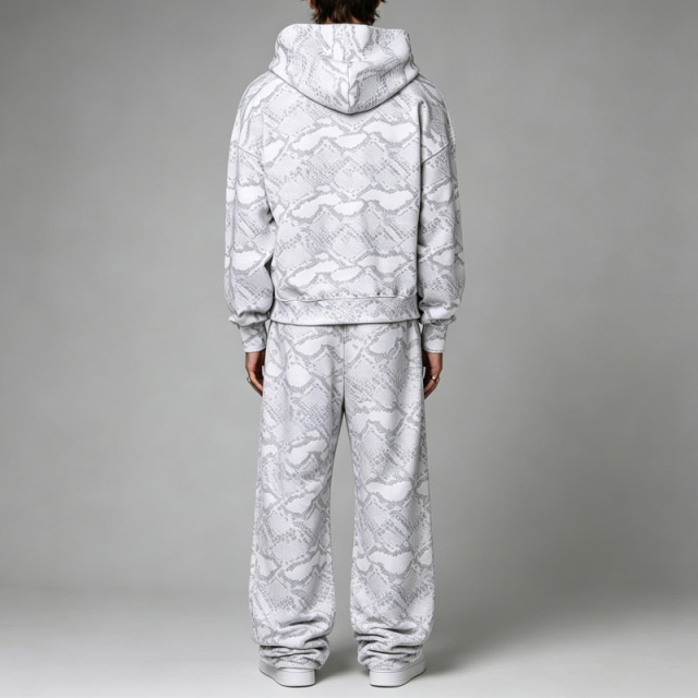 Custom Men Boxy Oversized Full Zip Cropped Hooded Tracksuit DTG Snake Animal Print Fleece Dropped Shoulder Wide Leg Streetwear