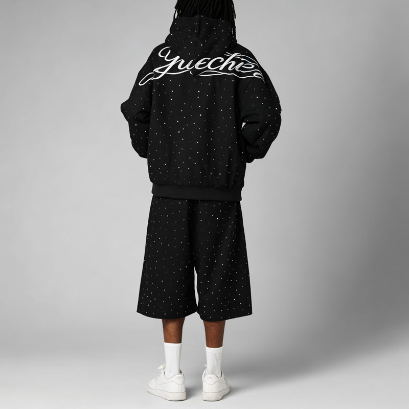 Custom Mens Hooded Pullover Tracksuit 100% Cotton French Terry Full Rhinestone Embroidered Oversized Hoodie Shorts Two Piece Set