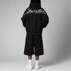 Custom Mens Hooded Pullover Tracksuit 100% Cotton French Terry Full Rhinestone Embroidered Oversized Hoodie Shorts Two Piece Set