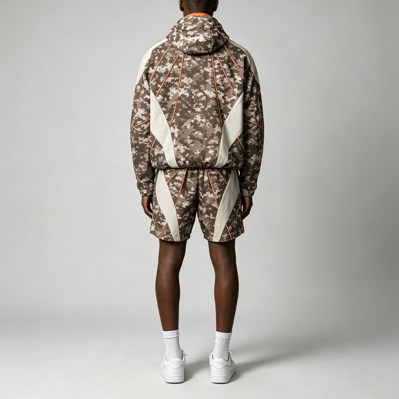 Custom Men's Dtg Printing Camo Hooded Shell Jacket Matching Shorts Windproof Waterproof Street Functional Two Piece Suit