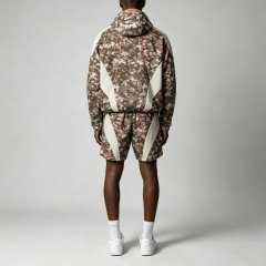 Custom Men's Dtg Printing Camo Hooded Shell Jacket Matching Shorts Windproof Waterproof Street Functional Two Piece Suit
