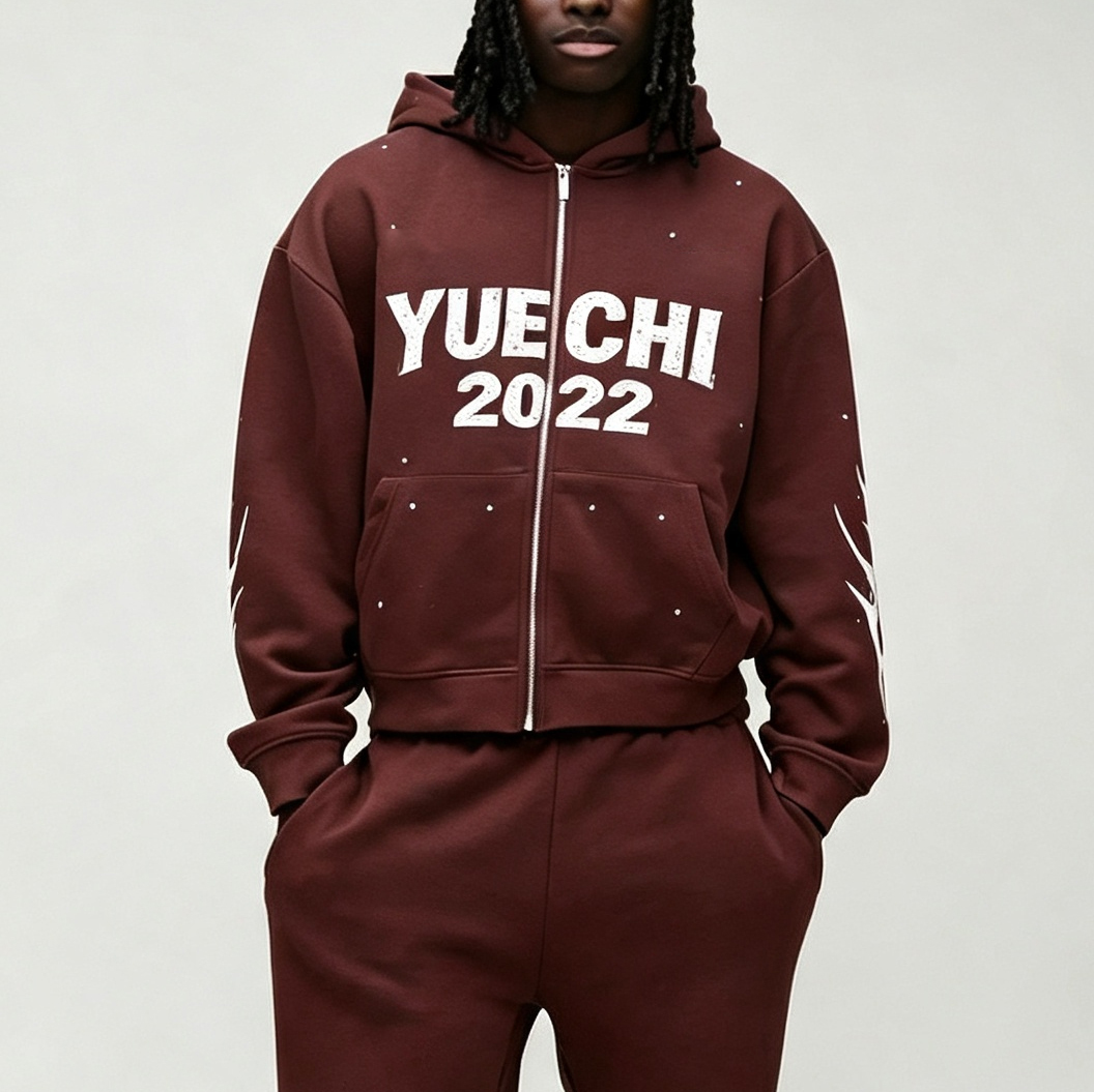 Custom Made Screen Print Full Zip 2 Pieces Boxy Fit Cropped Wide Leg Baggy Fleece 100% Cotton Winter Apparel Men's Streetwear