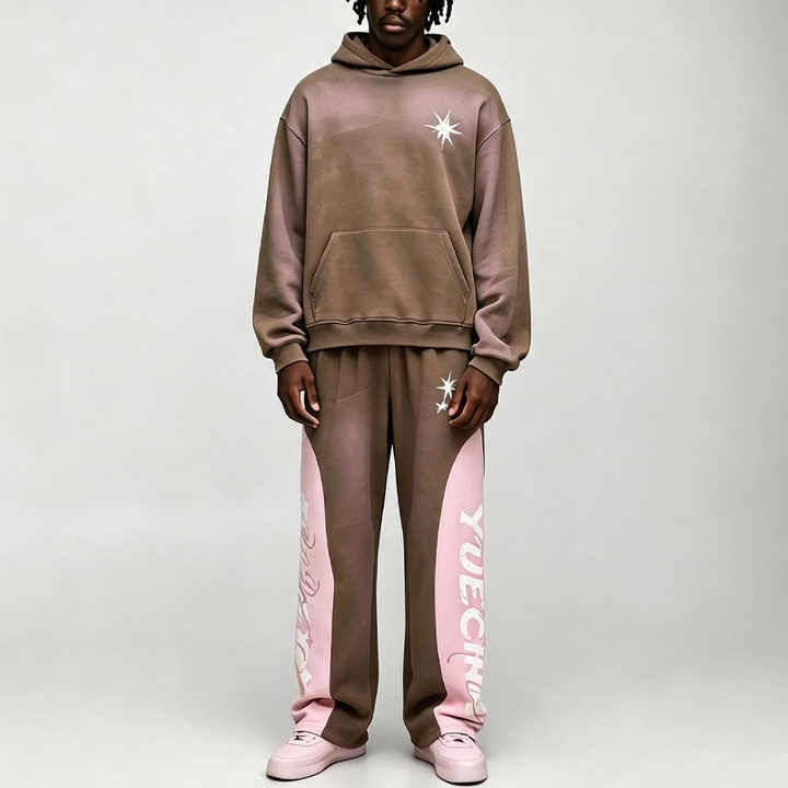 Custom Spray Screen Printing Spliced Contrast Color Panel Boxy Fit Baggy 2 Pieces Brown Pink Fleece Men's Tracksuit Set