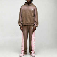Custom Spray Screen Printing Spliced Contrast Color Panel Boxy Fit Baggy 2 Pieces Brown Pink Fleece Men's Tracksuit Set