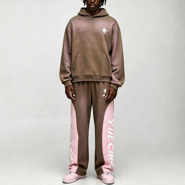 Custom Spray Screen Printing Spliced Contrast Color Panel Boxy Fit Baggy 2 Pieces Brown Pink Fleece Men's Tracksuit Set