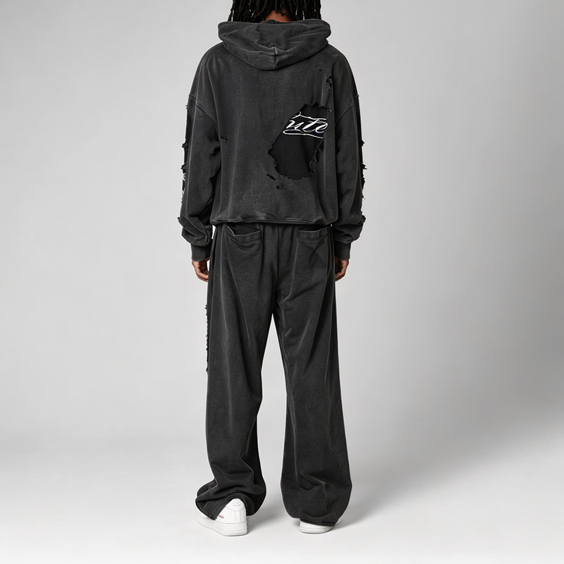 Men Oversized Hoodie Wide Leg 2 Piece Set Washed Charcoal Distressed Ripped Screen Print 100% Cotton French Terry Tracksuit