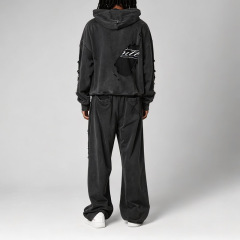 Men Oversized Hoodie Wide Leg 2 Piece Set Washed Charcoal Distressed Ripped Screen Print 100% Cotton French Terry Tracksuit