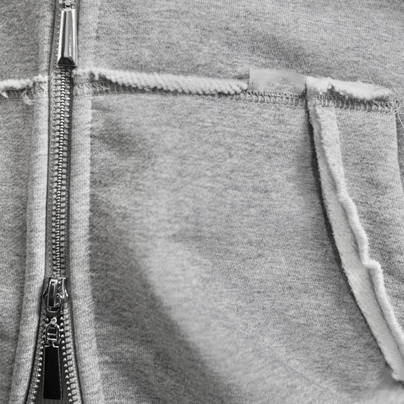 Custom Men's Heather Grey 100% Cotton French Terry Distressed Raw Edge Double Zip Cropped Hoodie Wide Leg Sweatpants Tracksuit