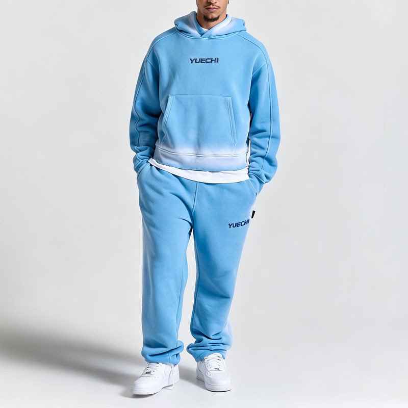 Custom Men's Boxy Fit Pullover Hoodie Wide Leg Jogger Tracksuit Heavyweight Fleece 100% Cotton Sun Faded Embroidered Streetwear