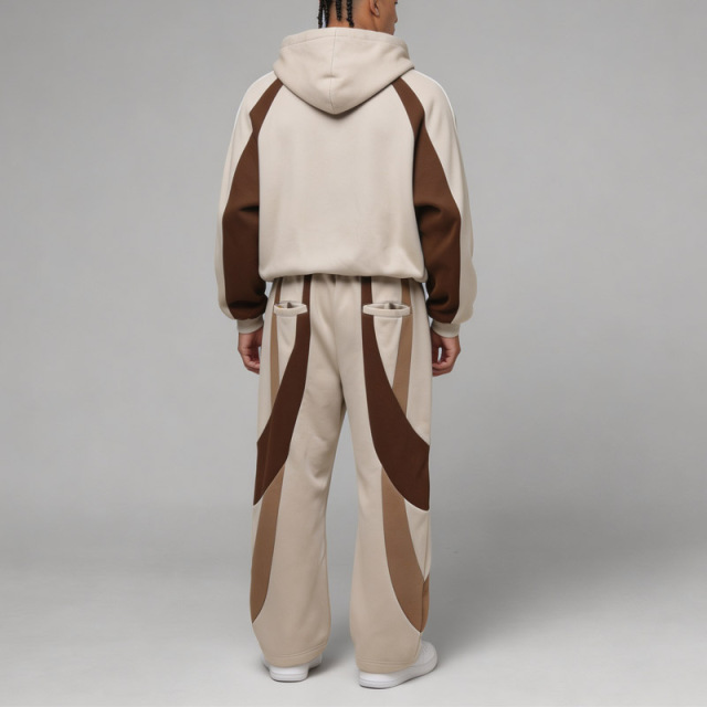 Custom Men's Stone Color Block 100% Cotton 2 Piece Tracksuit Embroidered Logo Full Zip Hoodie Wide Leg Sweatpants Streetwear OEM