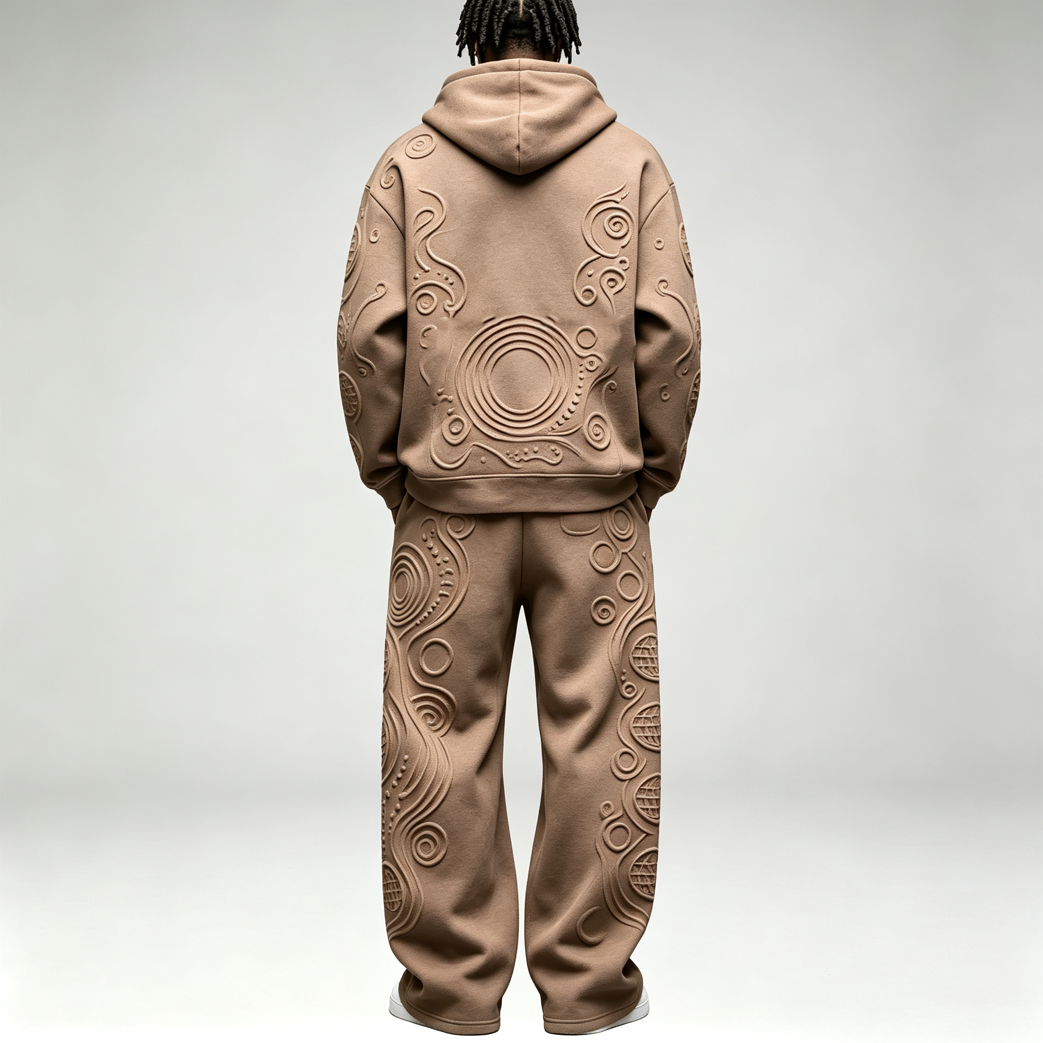 Custom 3D Embossed Pullover Hoodie Wide Leg Trousers 2 Pieces Cotton Blend Relaxed Men's Textured Tracksuit Set