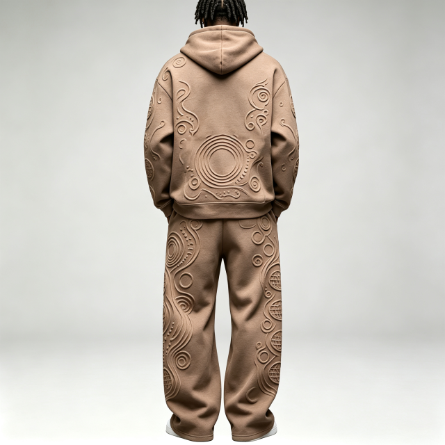 Custom 3D Embossed Pullover Hoodie Wide Leg Trousers 2 Pieces Cotton Blend Relaxed Men's Textured Tracksuit Set
