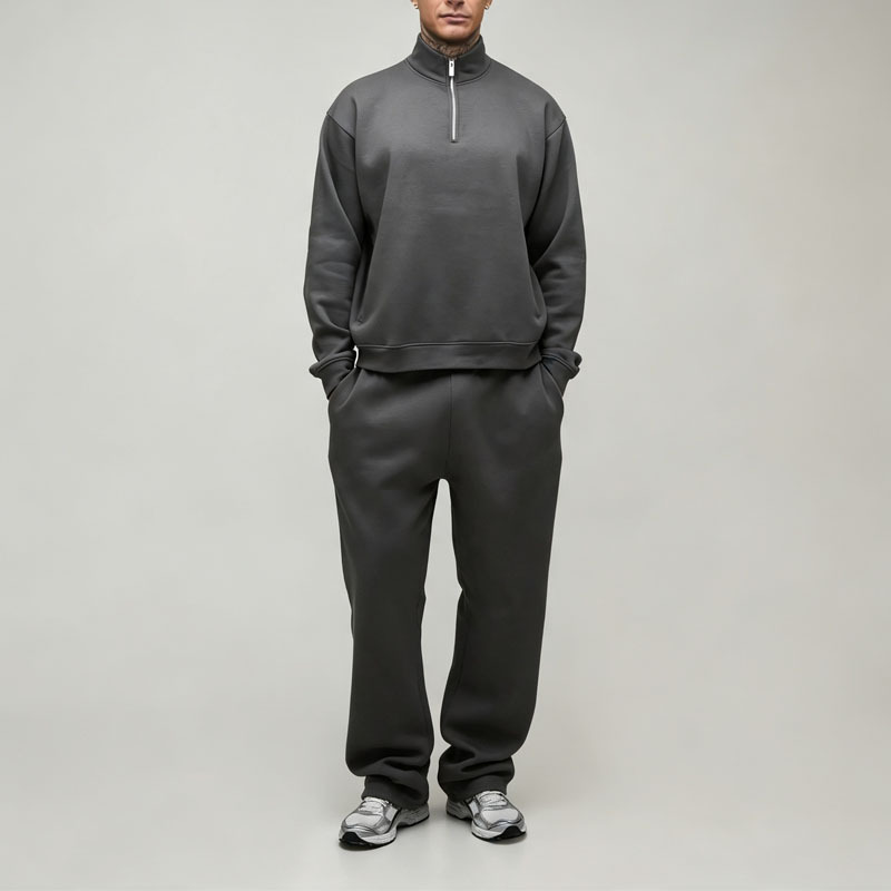 Custom Men's Oversized Boxy Quarter Zip Sweatshirt Straight Leg Jogger Tracksuit Heavyweight 100% Cotton Fleece Two Piece Set