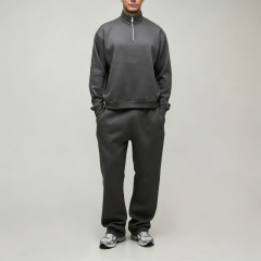 Custom Men's Oversized Boxy Quarter Zip Sweatshirt Straight Leg Jogger Tracksuit Heavyweight 100% Cotton Fleece Two Piece Set