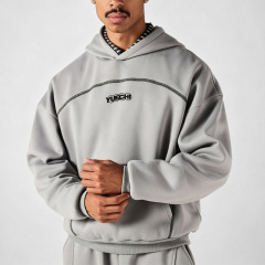 Men Grey Contrast Stitching Pullover Hoodie Tracksuit Flock Print Loose Flared Sweatpants Fall Winter Streetwear Two Piece Set