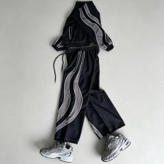Custom Men Woven Nylon Full Zip Hooded Tracksuit Contrast Piping Breathable Mesh Lining Relaxed Fit Lightweight Two Piece Set
