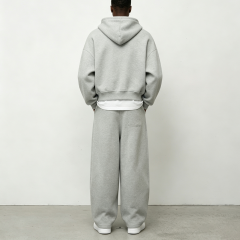 Custom Made Heavyweight Cotton High Density Ash Grey Boxy Cropped Two Way Zipper Blank Hooded Men's Solid Tracksuit