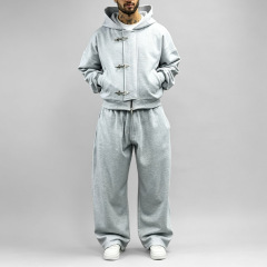 Custom Men's Light Heather Grey Heavyweight Jersey Toggle Buckle Cropped Hoodie Hidden Zip Wide Leg Sweatpants Tracksuit