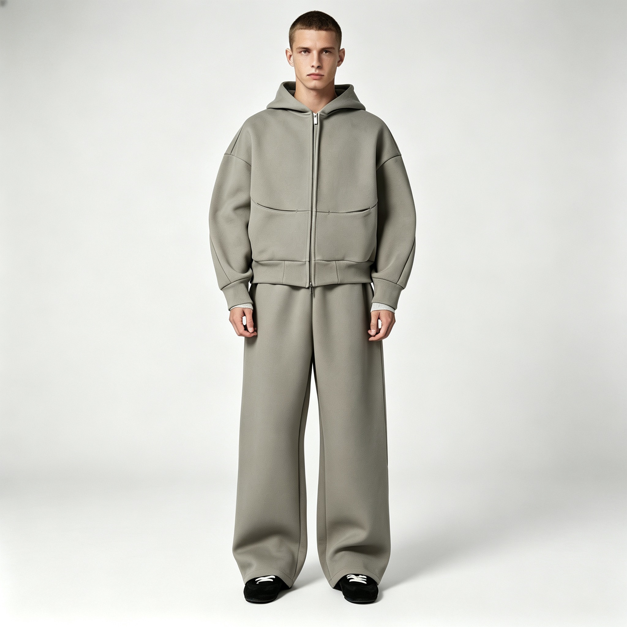 In Stock Heavyweight 100% Cotton 500gsm Fleece Ash Sage Boxy Cropped Zip up Wide Leg Streetwear Men's Tracksuit Set