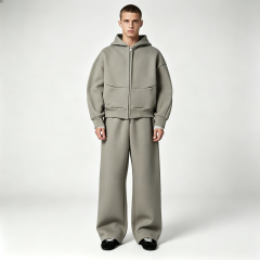 In Stock Heavyweight 100% Cotton 500gsm Fleece Ash Sage Boxy Cropped Zip up Wide Leg Streetwear Men's Tracksuit Set