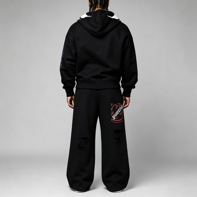 Custom Streetwear Mens Mask Full Zip Hooded 2 Piece Set Boxy Oversized Puff Print Gothic Heavy Cotton Fleece Wide Leg Tracksuit