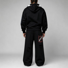 Custom Streetwear Mens Mask Full Zip Hooded 2 Piece Set Boxy Oversized Puff Print Gothic Heavy Cotton Fleece Wide Leg Tracksuit