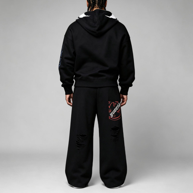 Custom Streetwear Mens Mask Full Zip Hooded 2 Piece Set Boxy Oversized Puff Print Gothic Heavy Cotton Fleece Wide Leg Tracksuit