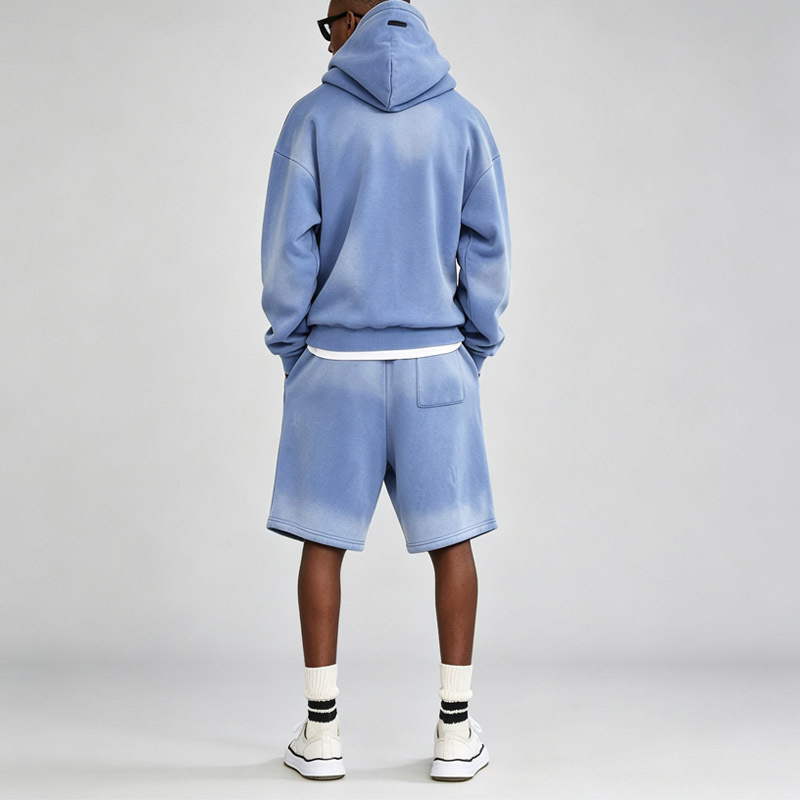 Custom Men Sun Faded French Terry 100% Cotton Hoodie Short Tracksuit Oversized Screen Print Streetwear Two Piece Set