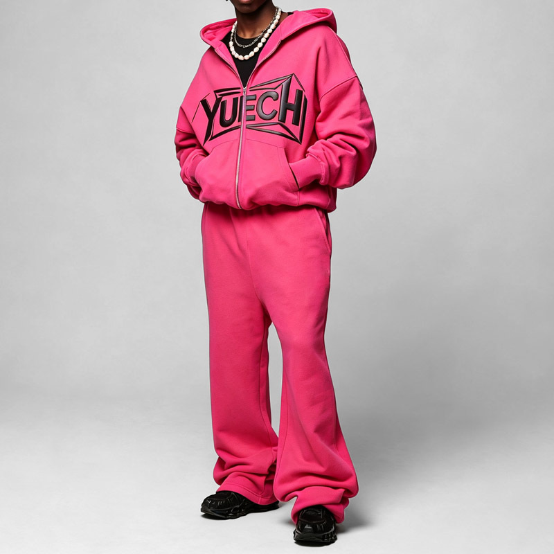 Custom Men Oversized Zip up Hoodie Flare Sweatpants 2 Piece Set Winter Fleece Lined Puff Print Applique Streetwear Tracksuit