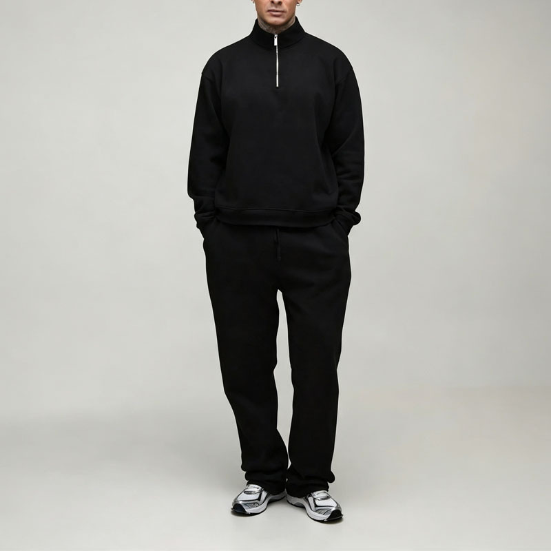 Custom Men's Oversized Boxy Quarter Zip Sweatshirt Straight Leg Jogger Tracksuit Heavyweight 100% Cotton Fleece Two Piece Set