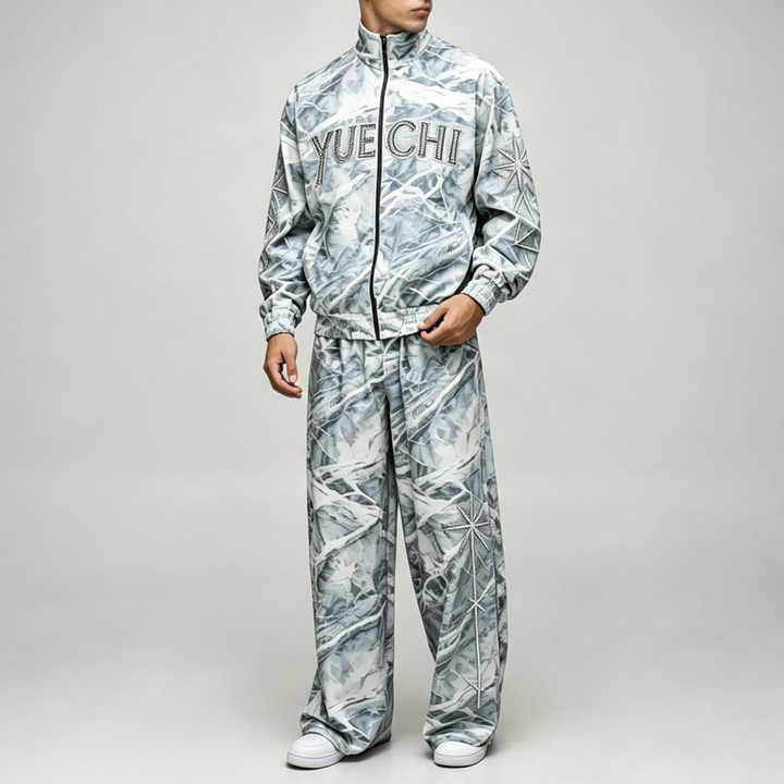 Custom All Over Print Applique Embroidery Full Zip 2 Pieces Stand Collar Wide Leg Woven Men's Lightweight Tracksuit Set
