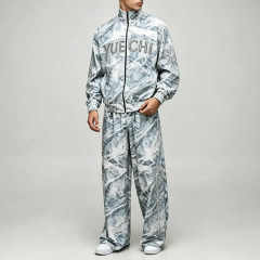 Custom All Over Print Applique Embroidery Full Zip 2 Pieces Stand Collar Wide Leg Woven Men's Lightweight Tracksuit Set