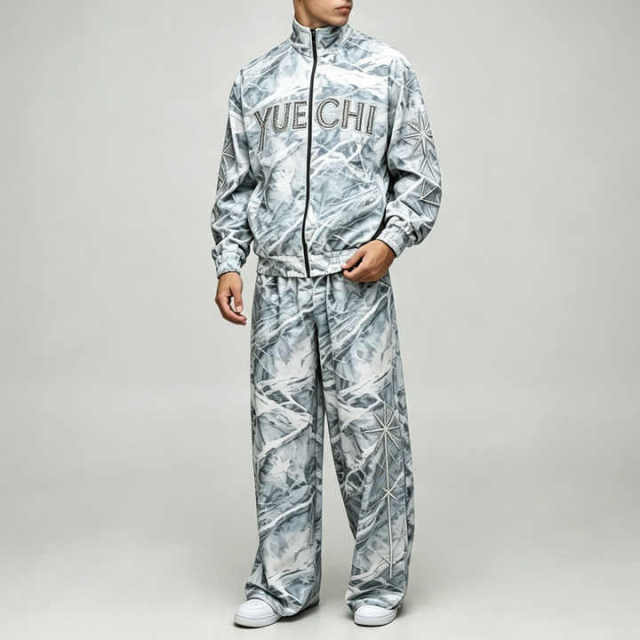 Custom All Over Print Applique Embroidery Full Zip 2 Pieces Stand Collar Wide Leg Woven Men's Lightweight Tracksuit Set