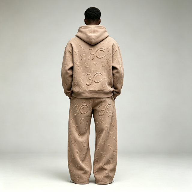 Custom Embossed Applique Embroidery 100% Cotton Fleece Drawstring Hood Pullover Wide Leg 2 Pieces Men's Winter Streetwear Casual