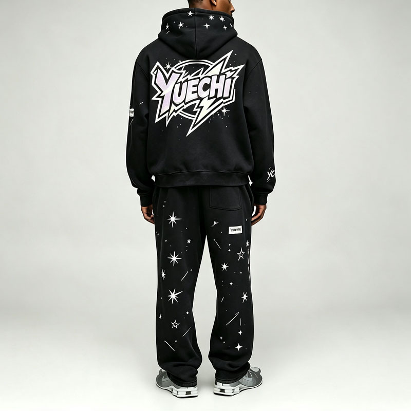 Custom Puff Screen Printing 2 Pieces Boxy Fit Baggy Wide Leg Black Cotton Fleece Urban Men's Graffiti Tracksuit Set