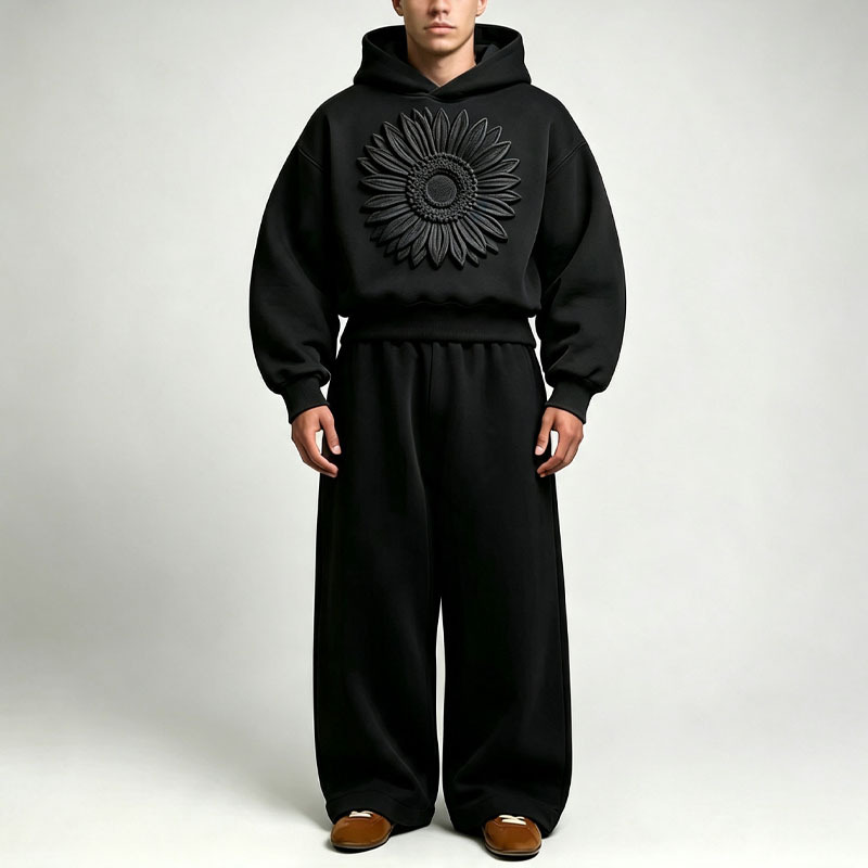 Custom 3D Embossed 100% Cotton French Terry Winter Hooded 2-Piece Boxy Cropped Wide-Leg Baggy Urban Streetwear Men's Heavyweight